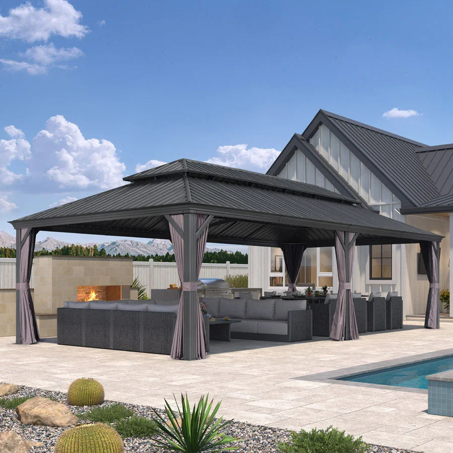 PURPLE LEAF 3.65M X 7.92M Patio Gazebo for Backyard Grey Hardtop Galvanized Steel Roof Awning with Upgrade Curtain