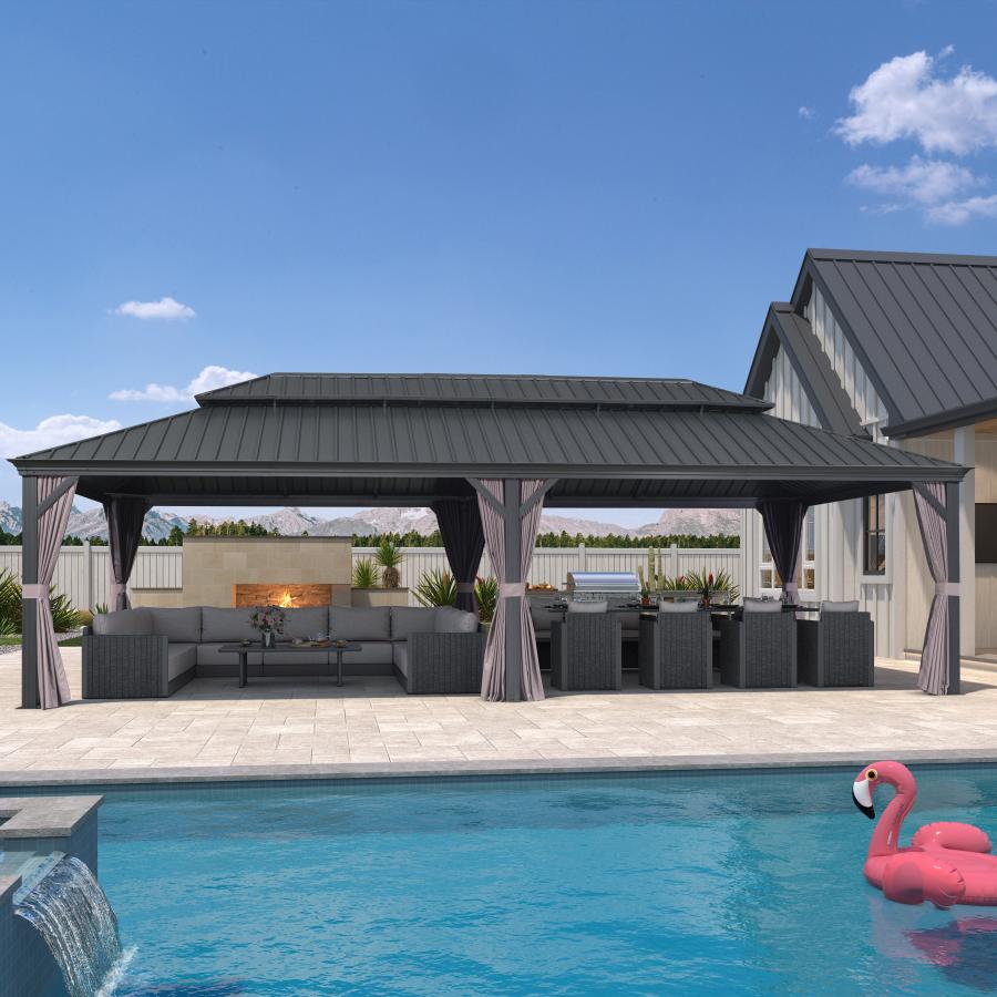 PURPLE LEAF 3.65M X 7.92M Patio Gazebo for Backyard Grey Hardtop Galvanized Steel Roof Awning with Upgrade Curtain