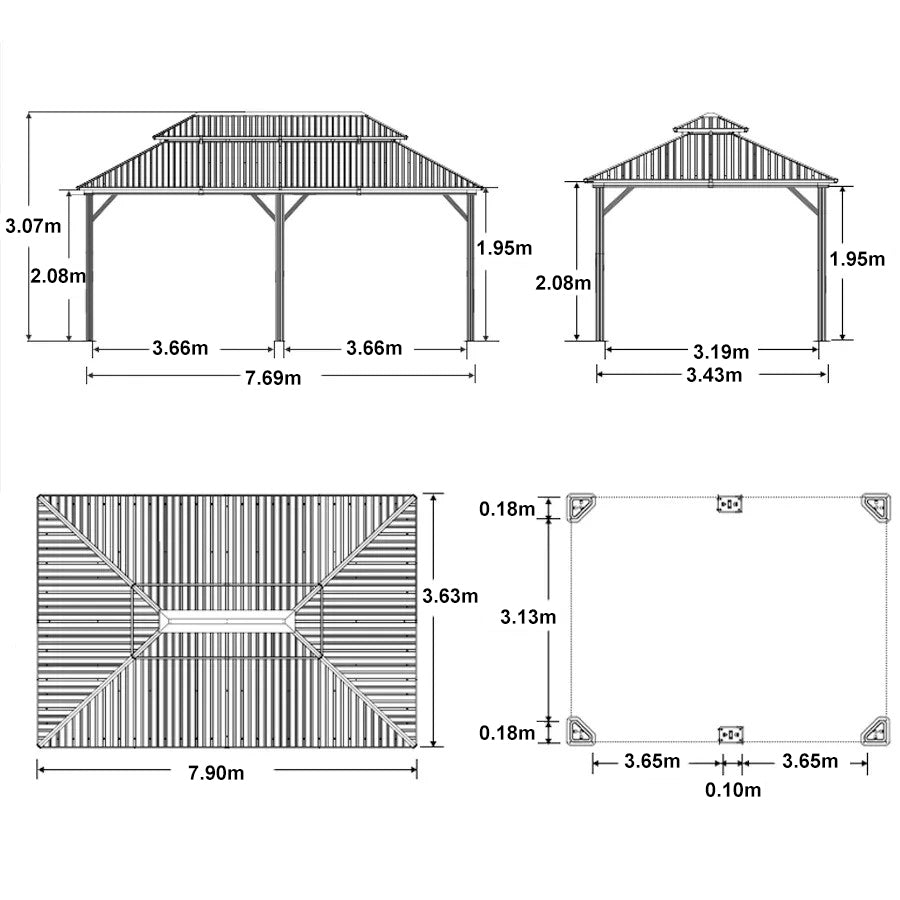 PURPLE LEAF 3.65M X 7.92M Patio Gazebo for Backyard Grey Hardtop Galvanized Steel Roof Awning with Upgrade Curtain