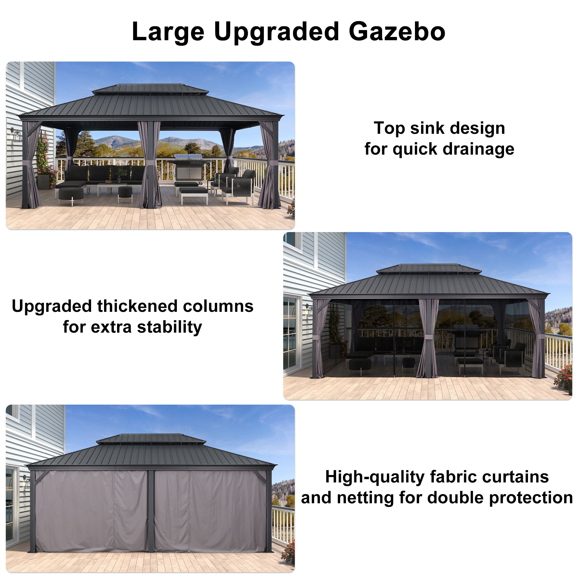 PURPLE LEAF 3.65M X 7.92M Patio Gazebo for Backyard Grey Hardtop Galvanized Steel Roof Awning with Upgrade Curtain