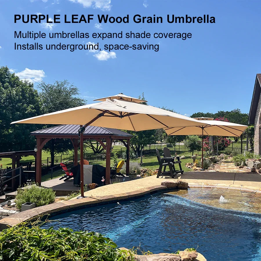 PURPLE LEAF Double Top Square Rectangular Aluminium Umbrellas in Wood Color