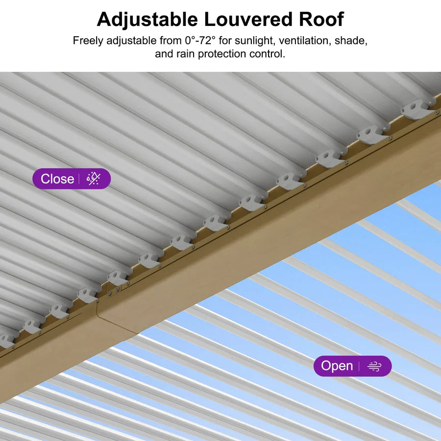 PURPLE LEAF Louvered Pergola Outdoor Wood Grain Aluminum Pergola with Adjustable Roof Patio Hardtop Gazebo for Backyard Garden