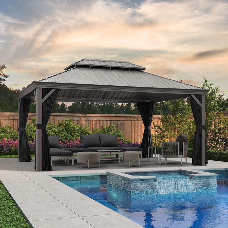 PURPLE LEAF 3.65M X 4.85M Patio Gazebo for Pool Light Grey Hardtop Galvanized Steel Roof with Upgraded Curtains