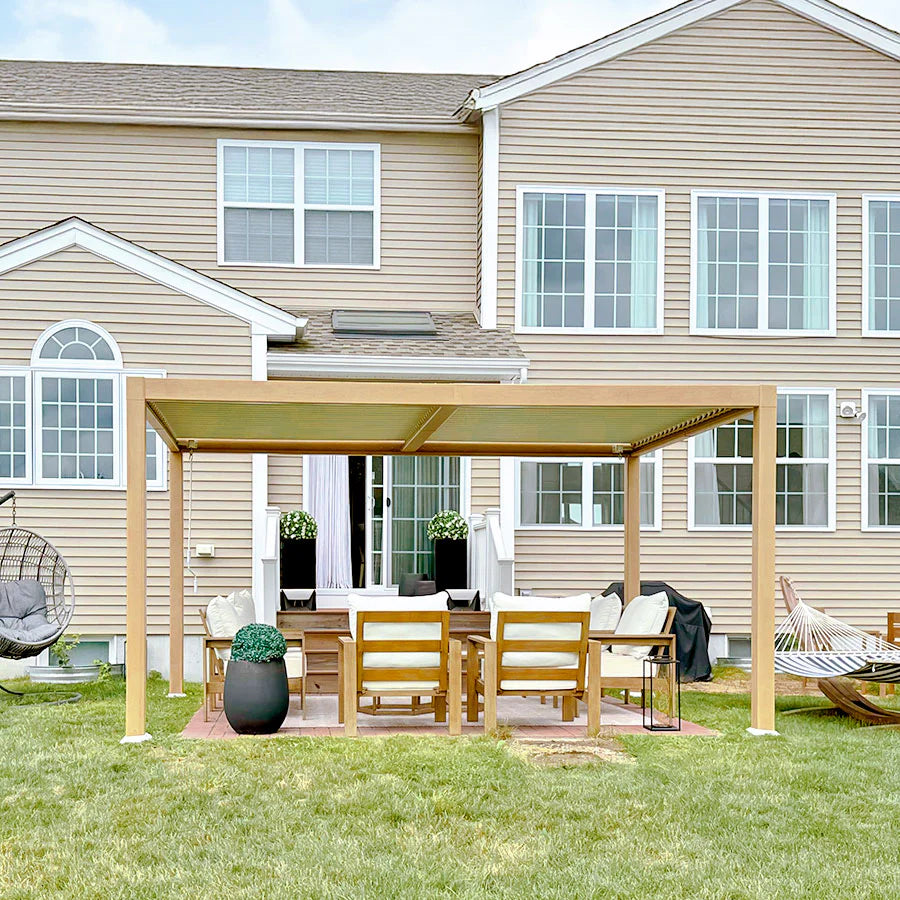 PURPLE LEAF Louvered Pergola Outdoor Wood Grain Aluminum Pergola with Adjustable Roof Patio Hardtop Gazebo for Backyard Garden