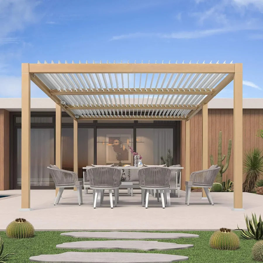 PURPLE LEAF Louvered Pergola Outdoor Wood Grain Aluminum Pergola with Adjustable Roof Patio Hardtop Gazebo for Backyard Garden