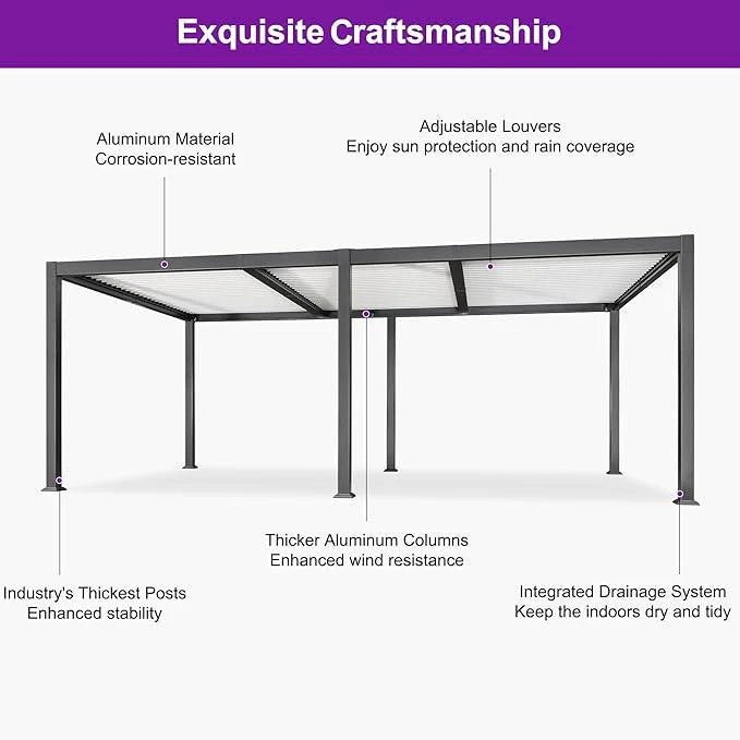 PURPLE LEAF Outdoor Louvered Pergola Patio Sun Shade Shelter with Adjustable Hardtop Patio Pergola Gray Frame White Roof
