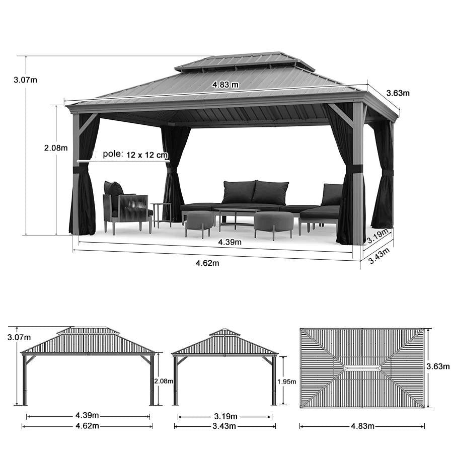 PURPLE LEAF 3.65M X 4.85M Patio Gazebo for Pool Light Grey Hardtop Galvanized Steel Roof with Upgraded Curtains