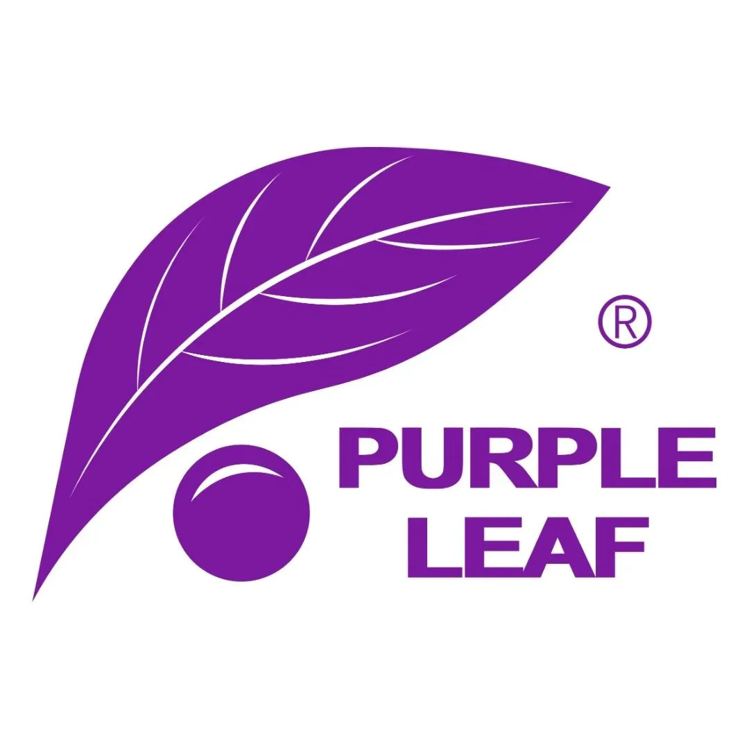 PURPLE LEAF logo: Purple leaf and sphere graphic, brand name text, for patio shade solutions and outdoor furniture.